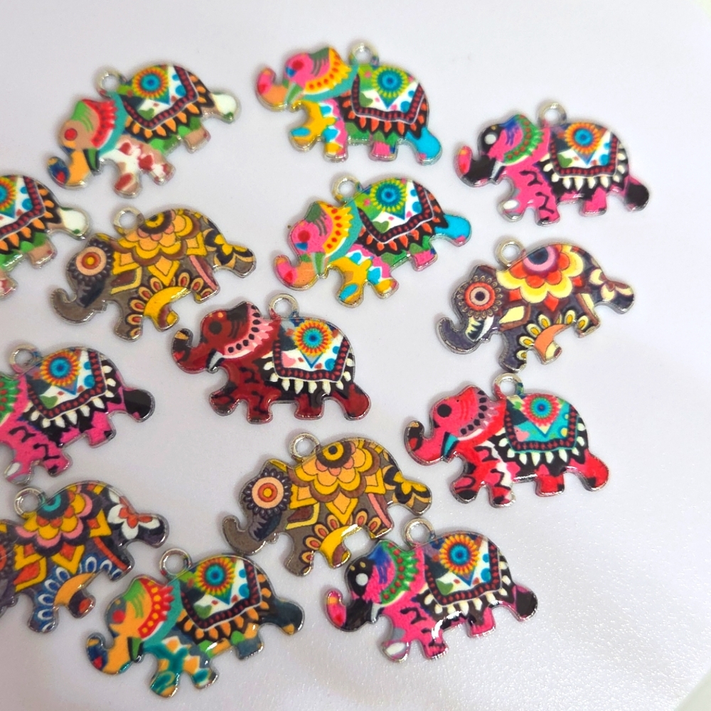 Elephant Charms 15 Charms.  Colorful Metal Enameled Charms.   Colors may Vary.